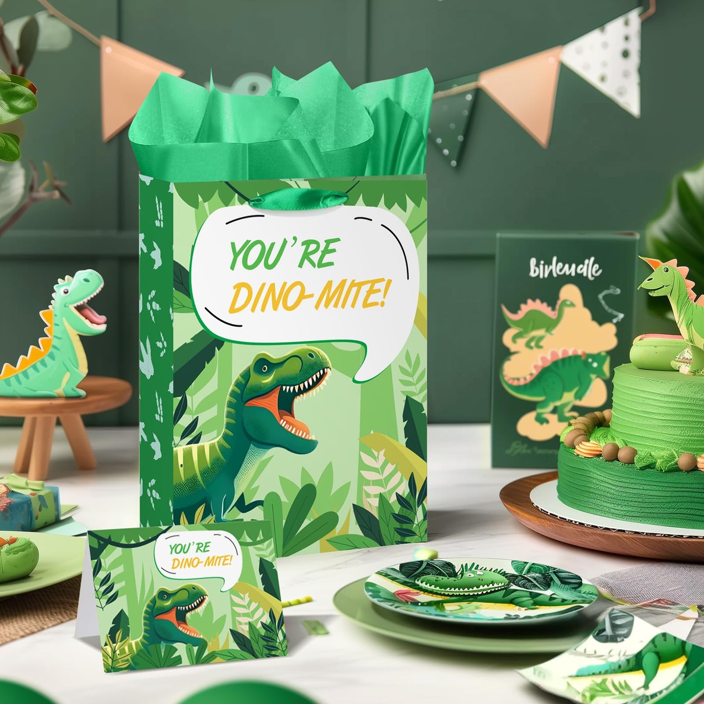 13" Dinosaur Birthday Gift Bag, Green Dinosaur Gift Bag with Greeting Card and Tissue Paper for Boys Girls Dinosaur Party Favor Bags Wrapping Paper Bag for Graduation Dinosaur Birthday Party Supplies