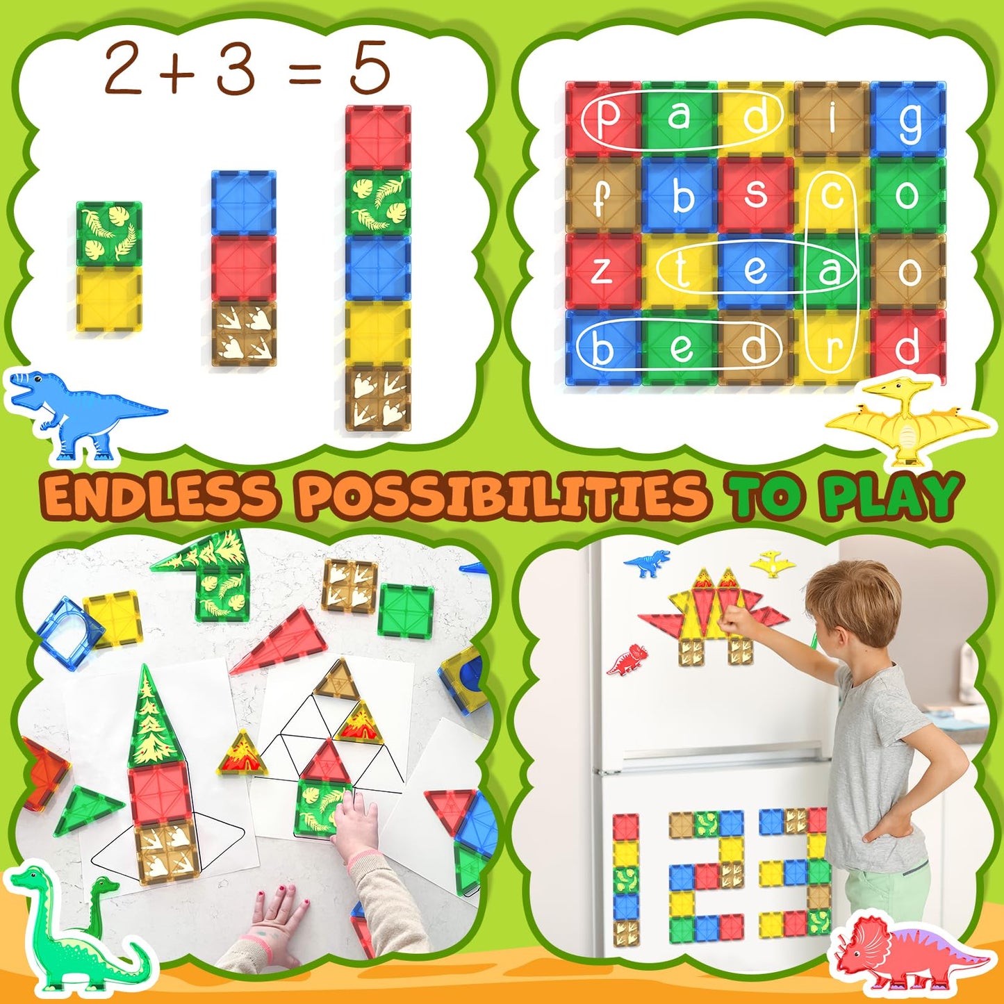 Dinosaur Toys Magnetic Tiles Building Blocks Kids Toys - Dinosaur World STEM Magnet Toys for Toddlers Creative Construction Play for 3+ Year Old Boys Girls Ideal Preschool Learning Sensory Toys