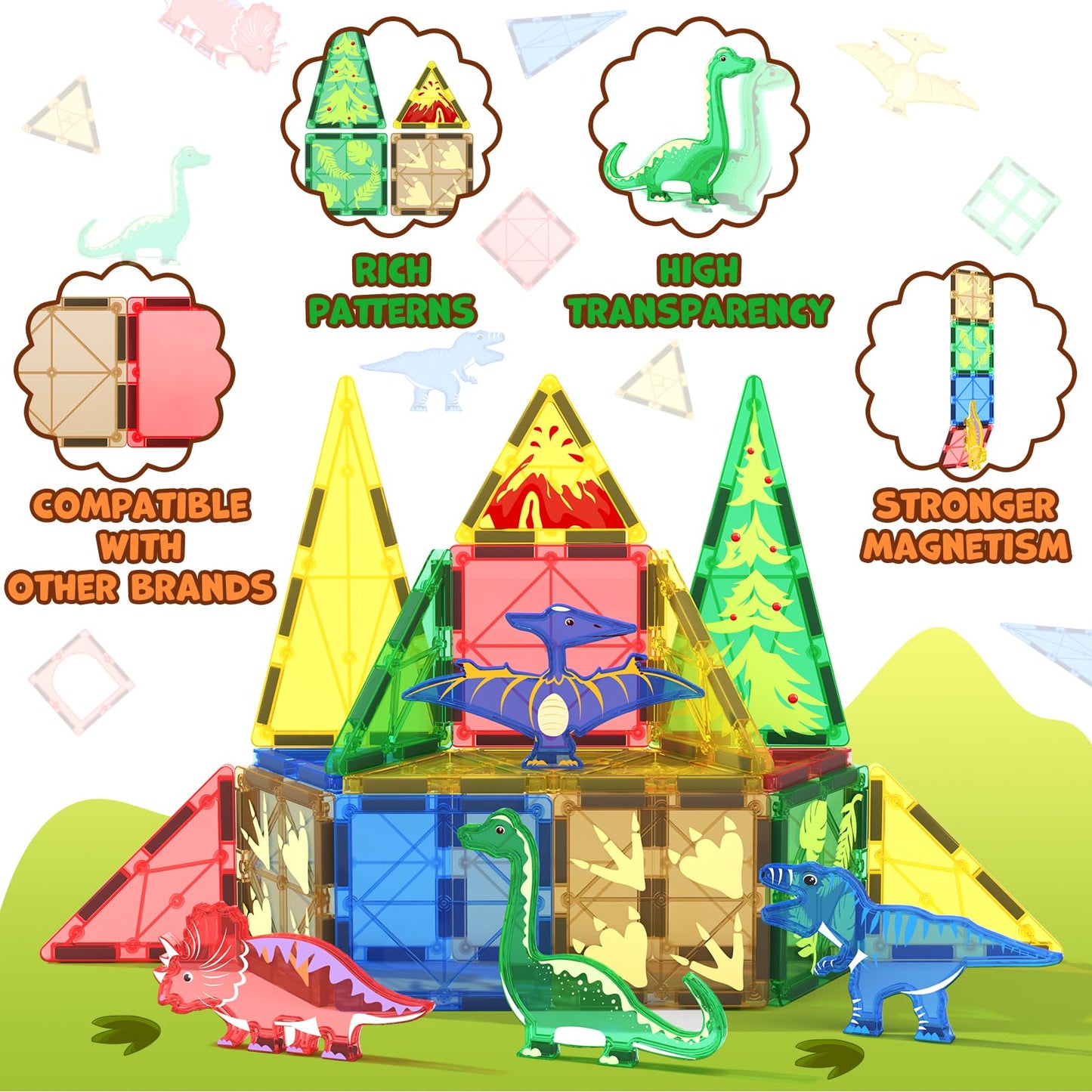 Dinosaur Toys Magnetic Tiles Building Blocks Kids Toys - Dinosaur World STEM Magnet Toys for Toddlers Creative Construction Play for 3+ Year Old Boys Girls Ideal Preschool Learning Sensory Toys