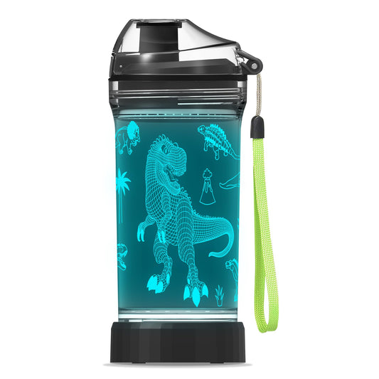 Kids Water Bottle, Dinosaur-themed Light-Up Sport Cup with 3D Glowing LED Dinosaur Light – 14 OZ Tritan BPA-Free - Camping, and Holidays (Dinosaur)…