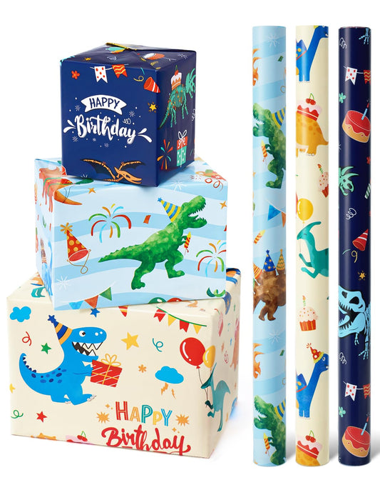 WERNNSAI Dinosaur Wrapping Paper Rolls - 3 Rolls 17” x 120” Happy Birthday Wrapping Paper Kids Wrapping Paper Rolls Boy Dinosaur Gift Wrap Paper Dinosaur Party Favor Happy Bday Wrap with Cutting Line on Back