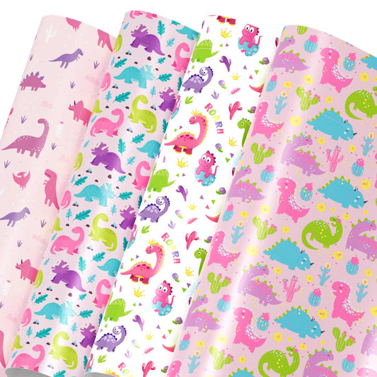 Mpanwen Girl Dinosaur Wrapping Paper for Girls Kids, 12 Sheets Pink Dinosaur Gift Wrap Girl Dino Wrapping Paper for Christmas Birthday Holiday - 20 x 29.5 Inches Per Sheet