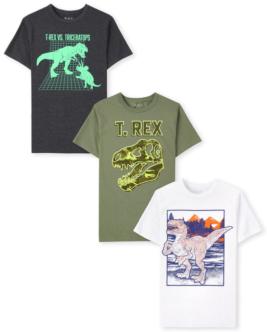 The Children's Place Boys' Short Sleeve Graphic T-Shirt 3-Pack, T-rex Vs. Triceratops/T.rex/Dino, Small