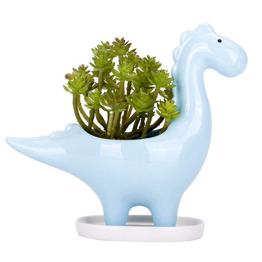 VanEnjoy Desktop Cute Cartoon Herbivorous Dinosaur White Ceramic Succulent Planter with Tray, Bonsai Cactus Flower Pot Vase Holder Decorative Organizer