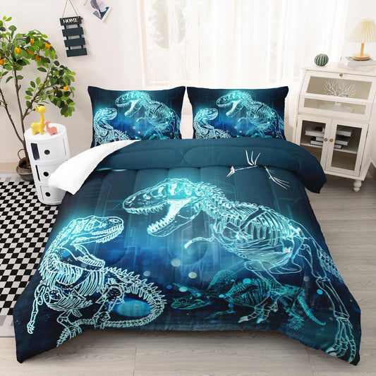 Nttopship Dinosaur Comforter Set for Teens Boys Girls,Dino Eyes 3 Pieces Bedding Set Twin,Dark Blue Lightweight Down Alternative Bedding Sets for All Season