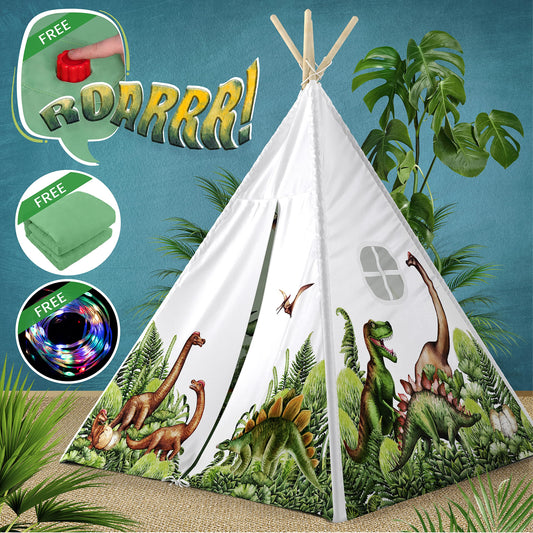 W&O Dinosaur Discovery Teepee with Roar Button, LED Lights & Plush Mat - The Most Stable Teepee - Never Collapses with Rowdy Playtime